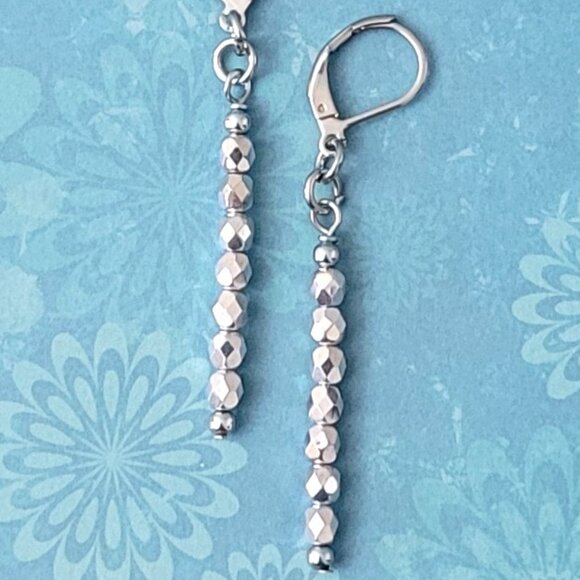CZECH Silver Fire Polish Faceted Glass Earrings, Stainless Steel Lever Back - Picture 3 of 6